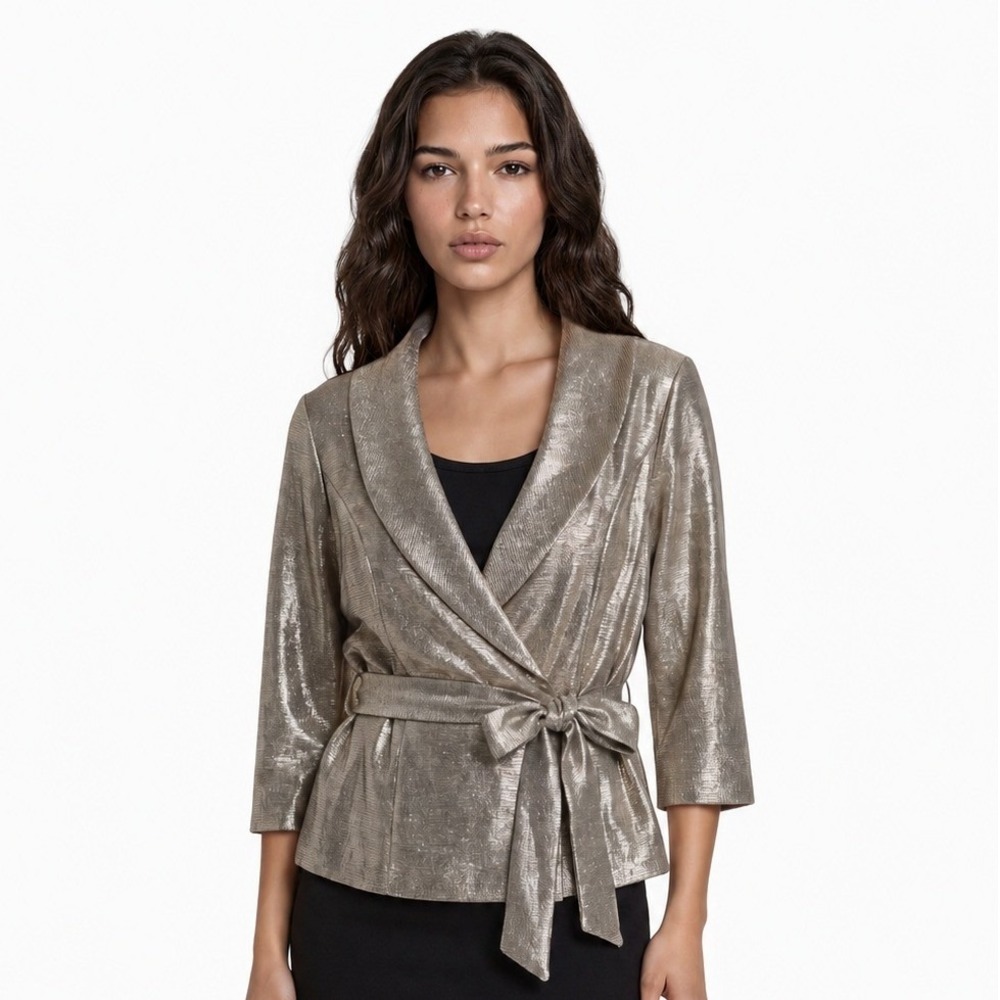 Alex Evenings Jacket Women's Size XLP Petite Gold Metallic Shawl Collar Blouse